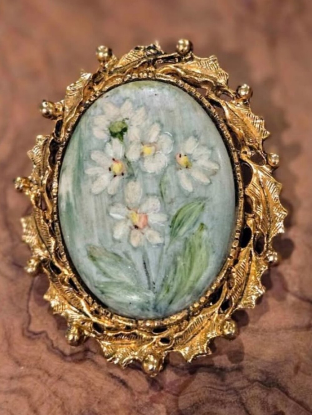 Hand-Painted Floral Porcelain Gold-Tone Pendant Brooch - Green and White